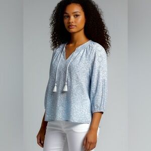 Joie Baby Blue Linen Blend Embroidered Floral Peasant Blouse Women’s Size M
